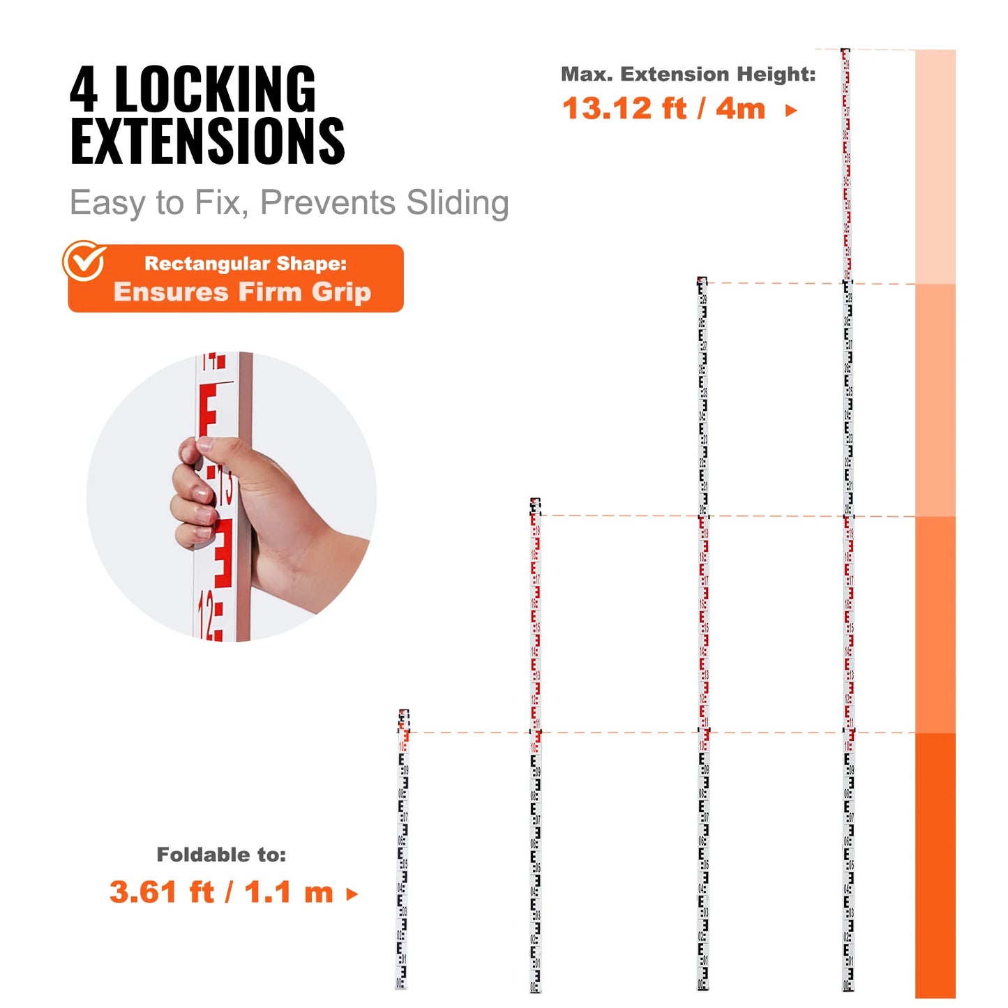 VEVOR Aluminum Grade Rod 4M Metric Telescopic Measuring Rod Double-Sided Scale in CM/MM Leveling Rod Stick Aluminum Alloy Survey