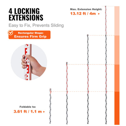 VEVOR Aluminum Grade Rod 4M Metric Telescopic Measuring Rod Double-Sided Scale in CM/MM Leveling Rod Stick Aluminum Alloy Survey