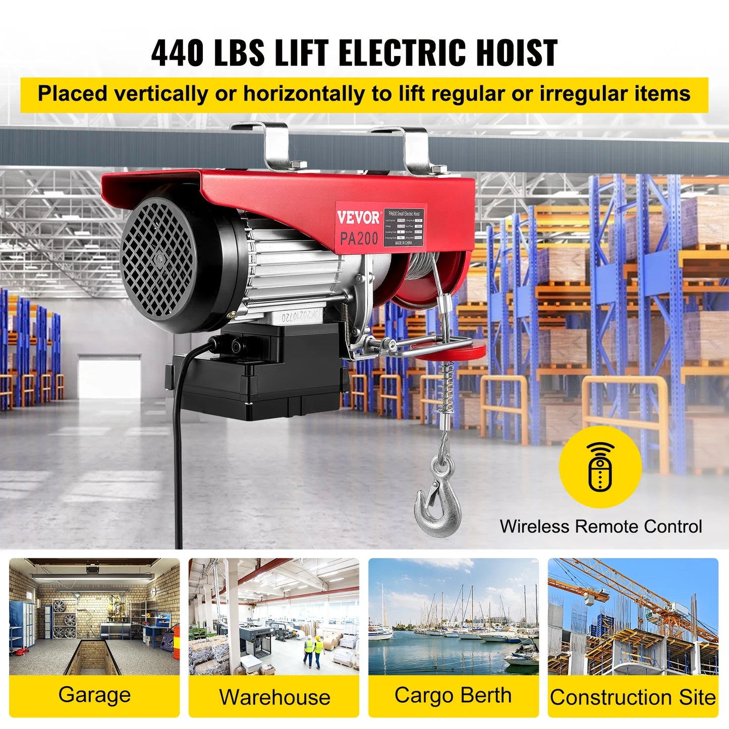 VEVOR Electric Hoist Crane Wire Cable Winch Lift 200-1000KG With Wireless Remote Control Boat Car Garage Engine Lifting Motor