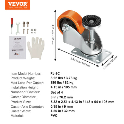 VEVOR 4Pcs Leveling Casters Heavy Duty Swivel Caster Wheels with Handle Design Height Adjustable Feet for Workbench Machine