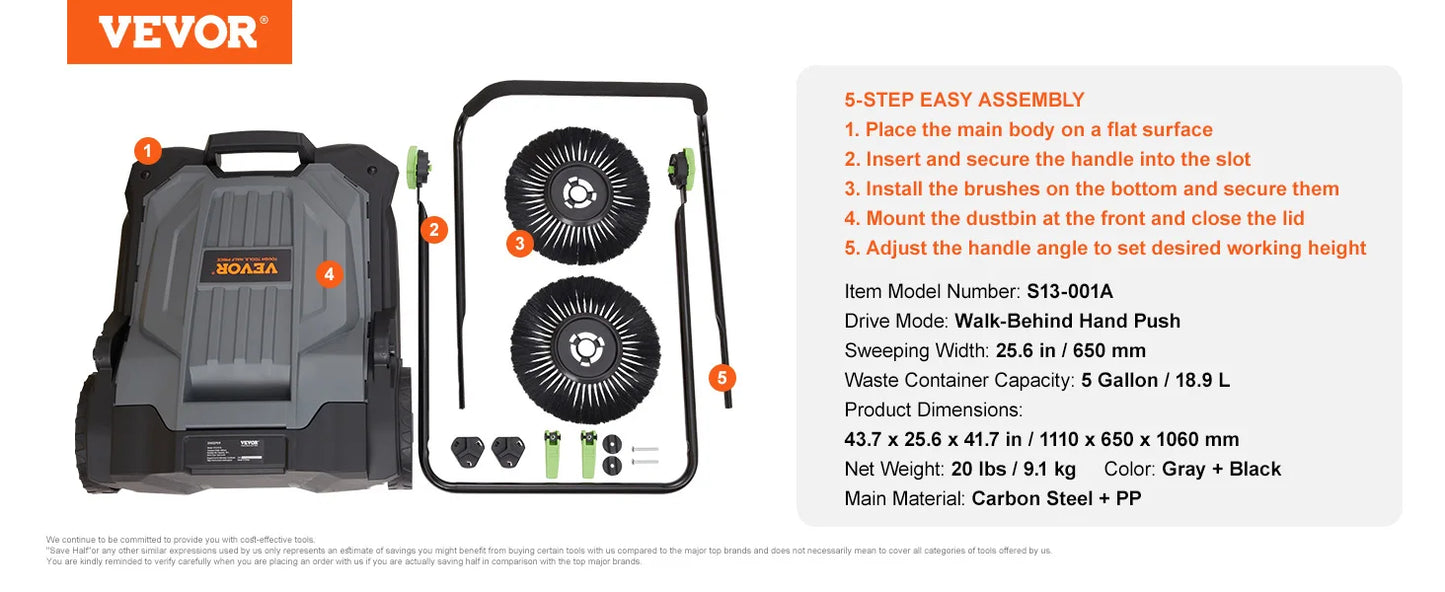 VEVOR Walk-behind Hand Push Floor Sweeper 25.6" Sweeping Width Floor Sweeper 5-Gallon Waste Container Angle & Height Adjustable