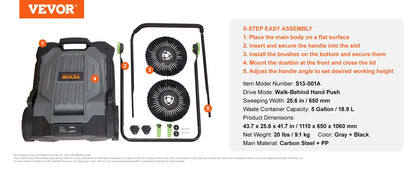 VEVOR Walk-behind Hand Push Floor Sweeper 25.6" Sweeping Width Floor Sweeper 5-Gallon Waste Container Angle & Height Adjustable