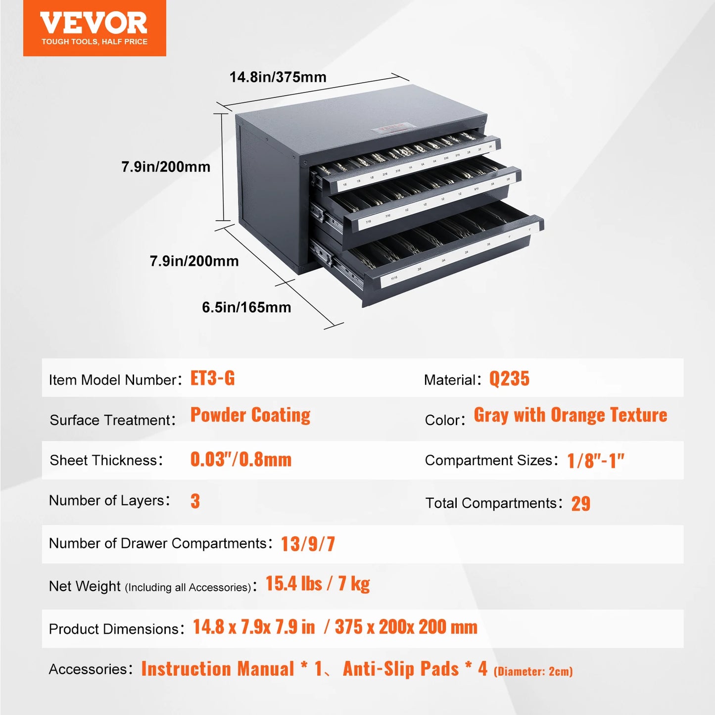 VEVOR Drill Bit Dispenser Cabinet Three-Drawer Drill Bit Organizer Cabinet Steel Drill Dispenser Organizer Cabinet Storage