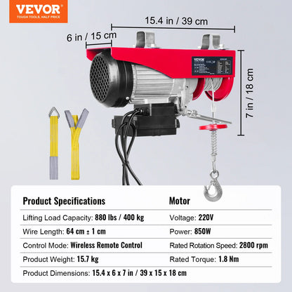 VEVOR 400-1000kg Electric Hoist Lifting Crane Cable Hoist Winch for Boat Car Garage Elevator with Wired Remote Control Lifter