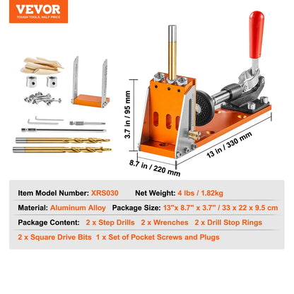 VEVOR 30 Pcs Pocket Hole Jig Kit Adjustable & Easy to Use Pocket Hole Jig System with Step Drills Wrenches Drill Stop Rings