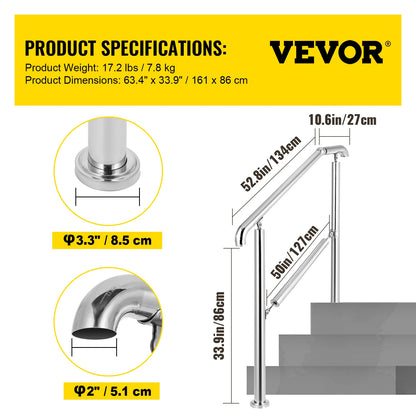 VEVOR 3-5 Step Railing Stainless Steel Transitional Handrail Fit For Level Surface Adjustable Stair Railing Safely Up/Downstairs