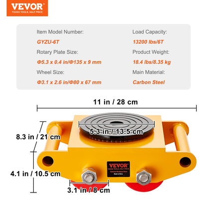 VEVOR 6T Machinery Skate Dolly Industrial Mover with 4 PU Wheels and 360° Rotation Non-Slip Cap for Warehouse Workshop Factory