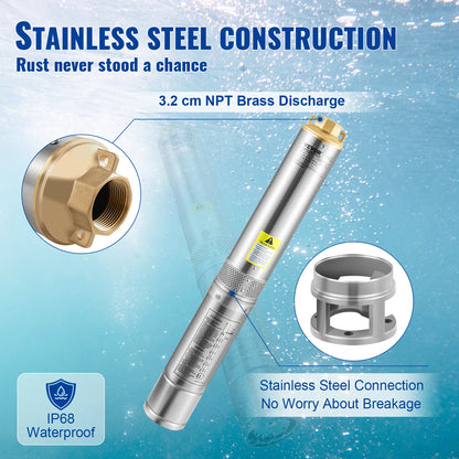 VEVOR Deep Well Submersible Pump 110L/min 44 m Head 10.2 cm Stainless Steel Water Pumps for Industrial Irrigation & Home Use