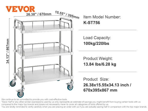 VEVOR Lab Rolling Cart 2-Shelf Stainless Steel Rolling Cart Lab Serving Cart Dental Utility Cart for Clinic Lab Hospital Salon