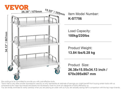 VEVOR Lab Rolling Cart 2-Shelf Stainless Steel Rolling Cart Lab Serving Cart Dental Utility Cart for Clinic Lab Hospital Salon