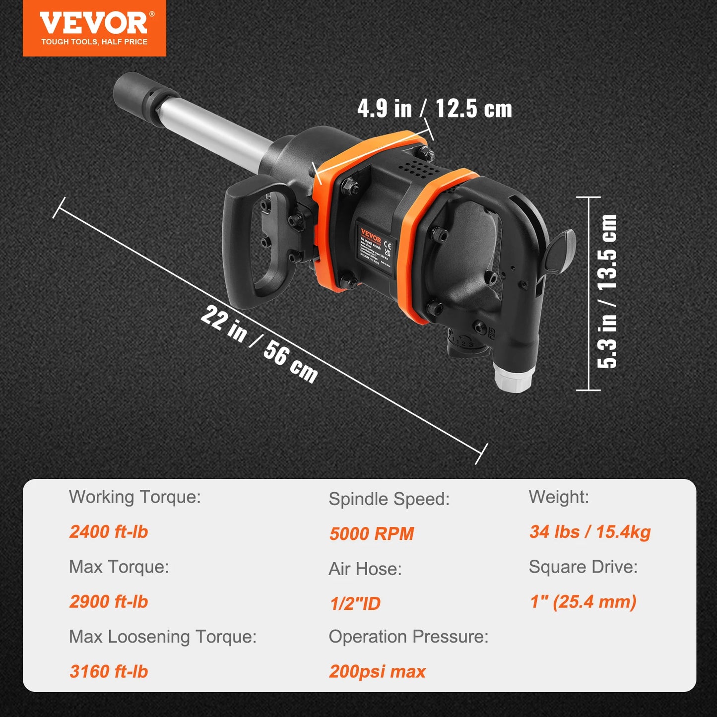 VEVOR Air Impact Wrench Reverse Torque Pneumatic Impact Gun with 8 Inch Extended Anvil for Changing Tire Auto Repair Maintenance