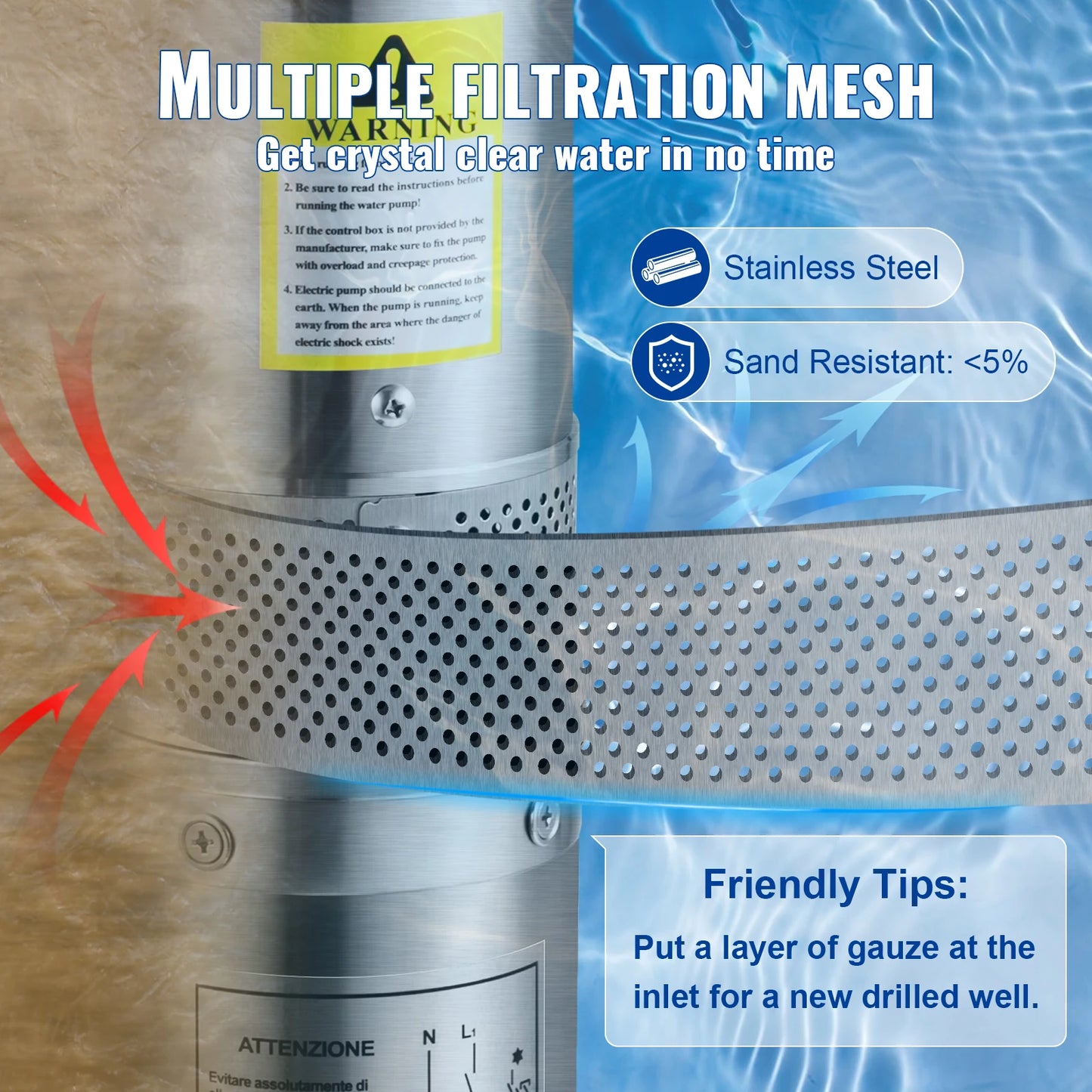 VEVOR Deep Well Submersible Pump 110L/min 44 m Head 10.2 cm Stainless Steel Water Pumps for Industrial Irrigation & Home Use