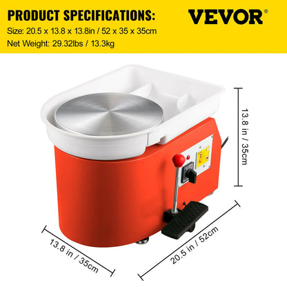 VEVOR Electric Pottery Wheel Machine 28cm 350W Manual Handle & Foot Pedal for School Ceramic Clay Working Forming DIY Art Craft