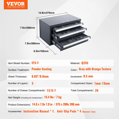 VEVOR Drill Bit Dispenser Cabinet Three-Drawer Drill Bit Organizer Cabinet Steel Drill Dispenser Organizer Cabinet Storage