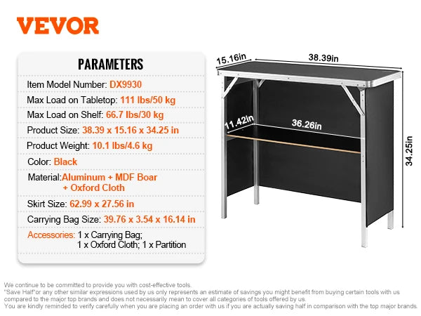 VEVOR Folding Portable Bar Table Tradeshow Podium Table for Party Picnic Exhibition Includes Carrying Case Storage Shelf & Skirt