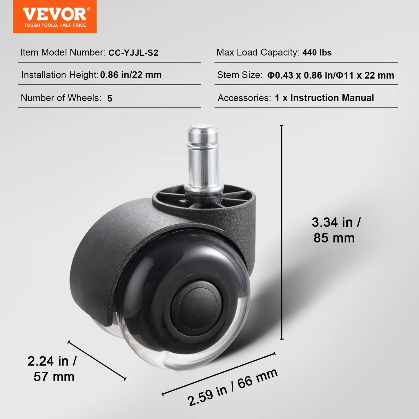 VEVOR 2/3 inch Set of 5 Office Chair Wheels Replacement Computer Gaming Desk Universal Caster for Hardwood Floors and Carpet