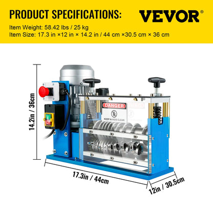 VEVOR Electric Wire Stripping Machine W/ Blade 1.5mm-38mm Cable Stripper for Removing Plastic & Rubber from Wire, Copper Recycle
