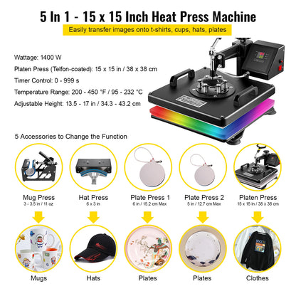 VEVOR 5 6 8 in 1 Heat Press Machine T shirt Heat Transfer Printer Muntifunctional Sublimation For Mug/Latte Mug/Hat/Plate/Bottle