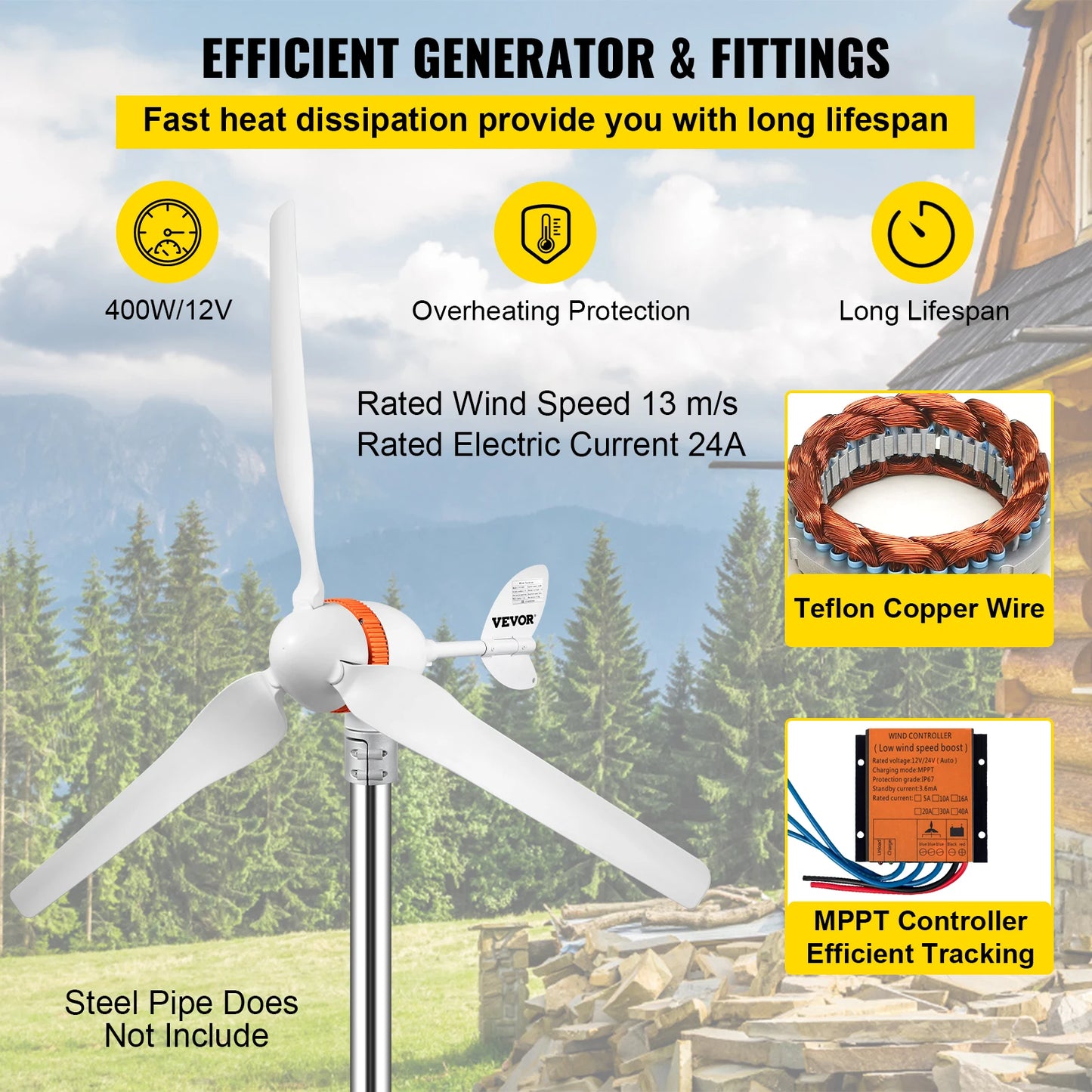 VEVOR Wind Turbine Generator 12V AC 300W-500W Wind Power Generator W/ MPPT Controller 3 5 Blades Auto Adjust Windward Home Use