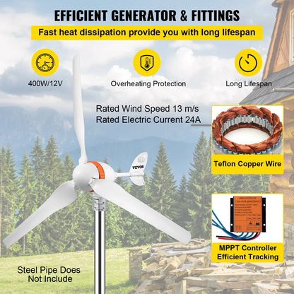 VEVOR Wind Turbine Generator 12V AC 300W-500W Wind Power Generator W/ MPPT Controller 3 5 Blades Auto Adjust Windward Home Use