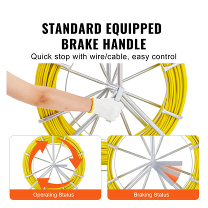 VEVOR Fish Tape Fiberglass 425/492/600/656 ft Duct Rodder Fishtape Wire Puller Fishing Tools for Walls and Electrical Conduit