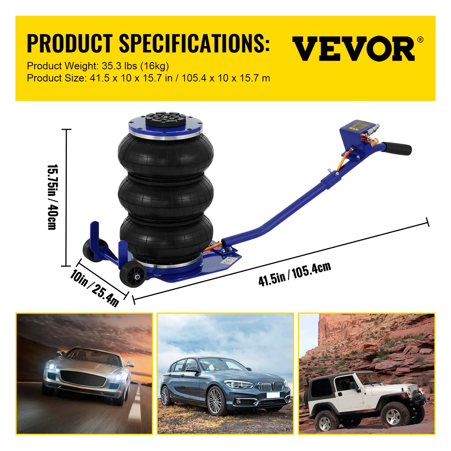VEVOR 3 / 5 Ton Car Triple Bag Air Jack Pneumatic Jack Fast Lifting Height 16 Inch / 40CM for Car Truck Van SUV Auto Repair Tool