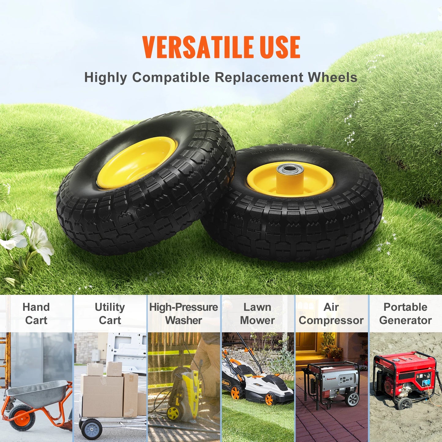 VEVOR 2-Pack Solid PU Run-Flat Tire Wheel 10" Flat Free Tubeless Tires and Wheels for Dollies Garden Trailers Various Carts
