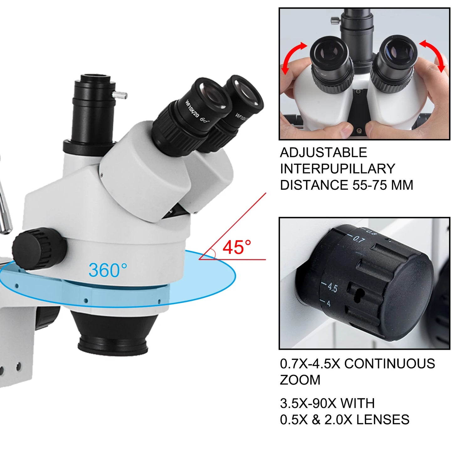 VEVOR 3.5X-90X Trinocular Stereo Digital Microscope 360°Swiveling Simul-Focal Support Camera Connection Lab Optical Instruments