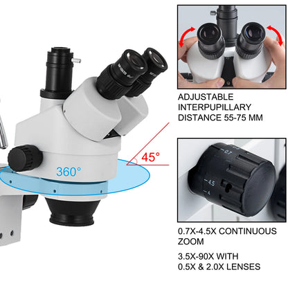 VEVOR 3.5X-90X Trinocular Stereo Digital Microscope 360°Swiveling Simul-Focal Support Camera Connection Lab Optical Instruments
