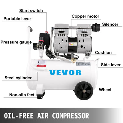VEVOR 25/60L Air Compressor 110V/240V Silent Oil-Free Air Compressor 750W 1 HP For Home Repair Tire Inflation Whisper Compressor