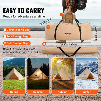 VEVOR Canvas Bell Tent 4 Seasons 4 m/13.12 ft Yurt Tent Canvas Tent for Camping with Stove Jack Breathable Tent Holds 6 People