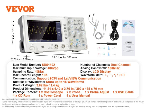 VEVOR 2/4 Channels Desktop Digital Oscilloscope 1GS/S 100MHZ 30 Automatic Measurement Functions for Electronic Circuit Testing