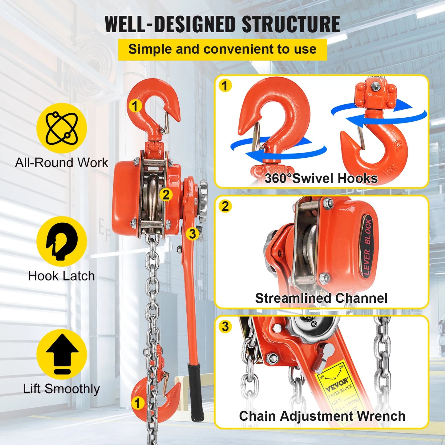 VEVOR 3T / 1.5T Manual Ratcheting Lever Chain Hoist 1.5M 3M 6M Portable Hand Block Lifting Come Along Puller Pulley Hook Mount