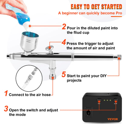 VEVOR Dual-Action Airbrush Kit with 30PSI High-Pressure Auto Start/Stop Control Compressor for Cake Painting Nail Makeup Model