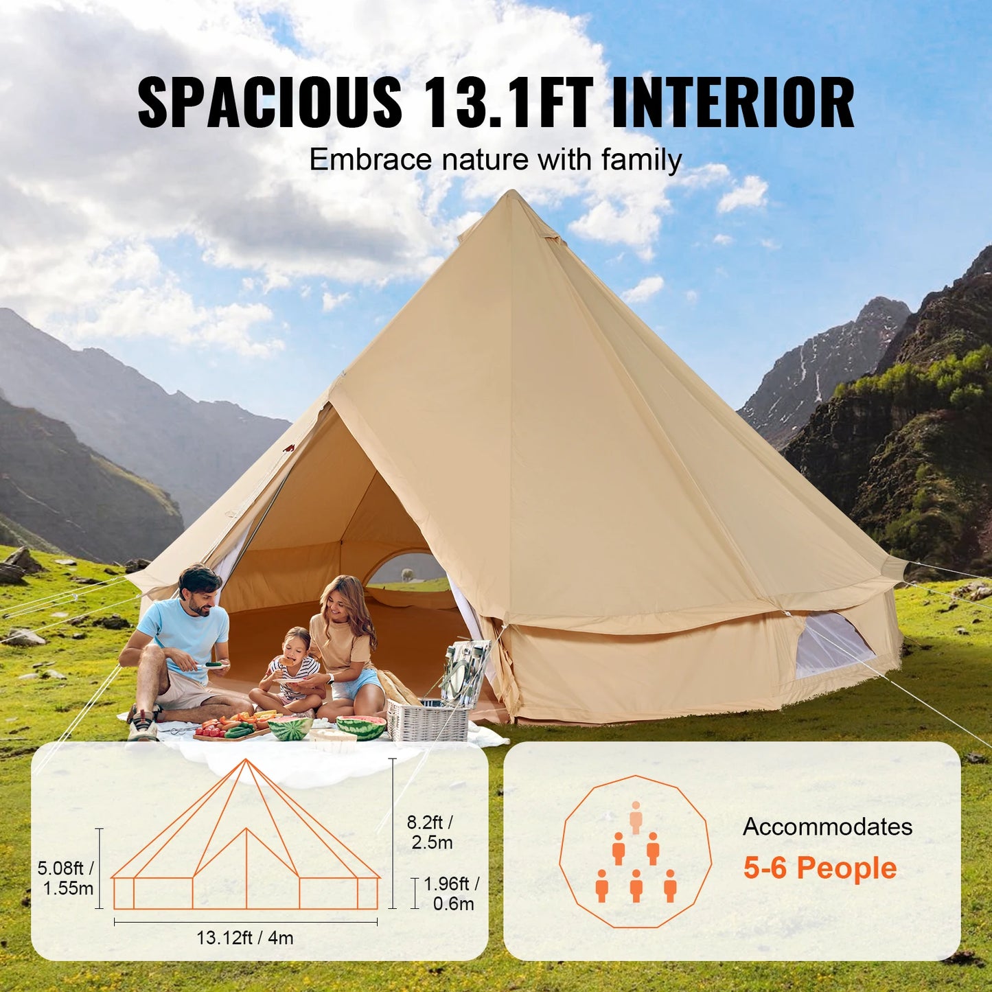 VEVOR Canvas Bell Tent 4 Seasons 4 m/13.12 ft Yurt Tent Canvas Tent for Camping with Stove Jack Breathable Tent Holds 6 People