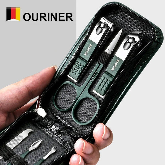 Ouriner Nuovo 6 pezzi portatile di lusso manicure set pedicure kit tagliaunghie nero brillante set di strumenti per la cura personale forbici per sopracciglia