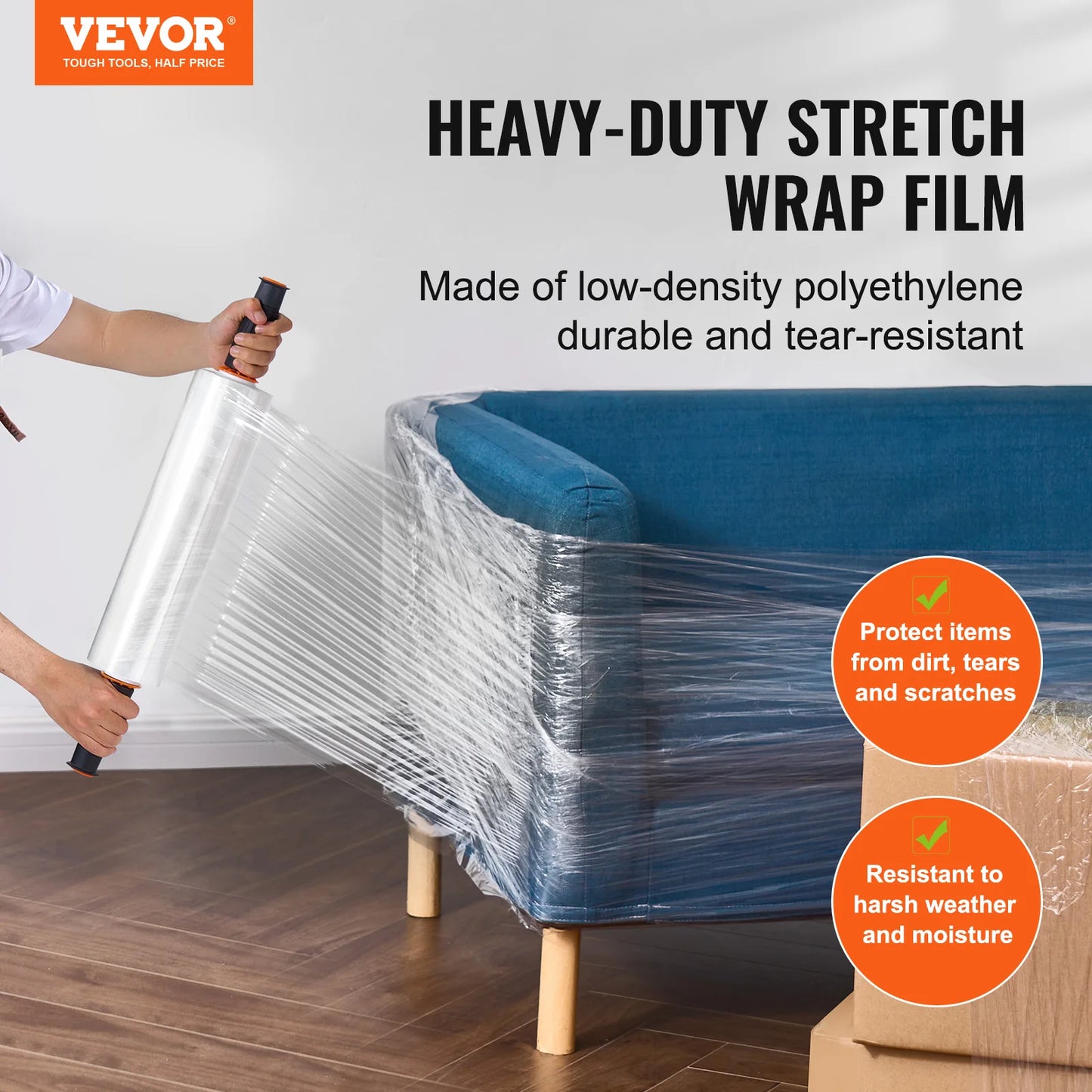 VEVOR 1/2/3/4 Packs Stretch Film 15 in Clear Shrink Film Roll Stretch Wrap with Handles for Pallet Wrapping Shipping Moving