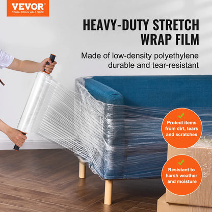 VEVOR 1/2/3/4 Packs Stretch Film 15 in Clear Shrink Film Roll Stretch Wrap with Handles for Pallet Wrapping Shipping Moving