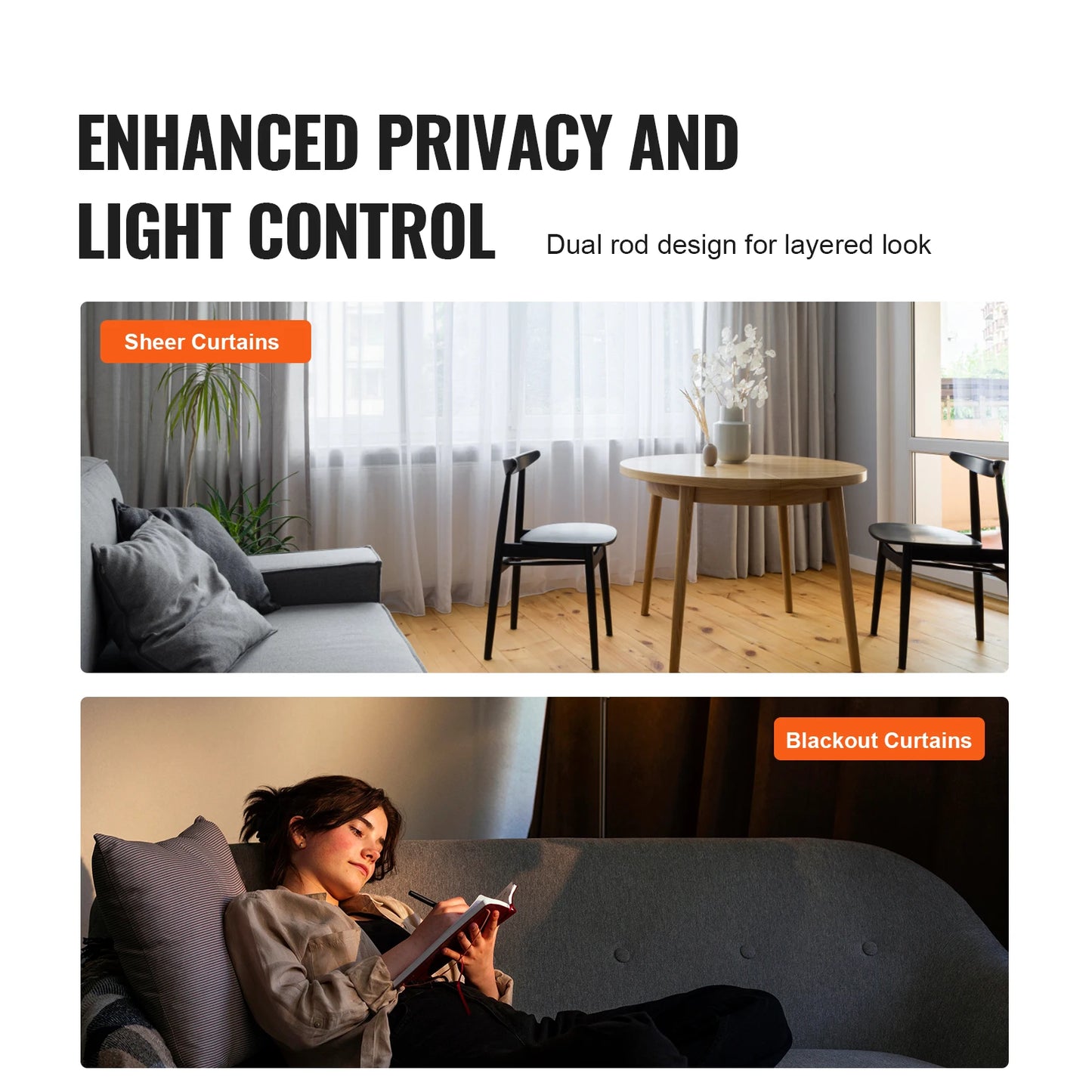 VEVOR 1 Inch Double Curtain Rods 36-72/74-144 Inches Drapery Rods for Windows 24-68/69-140 Inches Telescoping Dual Curtain Rod