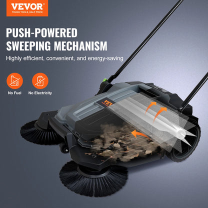 VEVOR Walk-behind Hand Push Floor Sweeper 25.6" Sweeping Width Floor Sweeper 5-Gallon Waste Container Angle & Height Adjustable