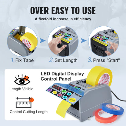 VEVOR ZCUT-9 Automatic Tape Cutting Machine Paper Slitting Dispenser 6-60mm Adhesive Electric Tape Cutter for Product Packaging