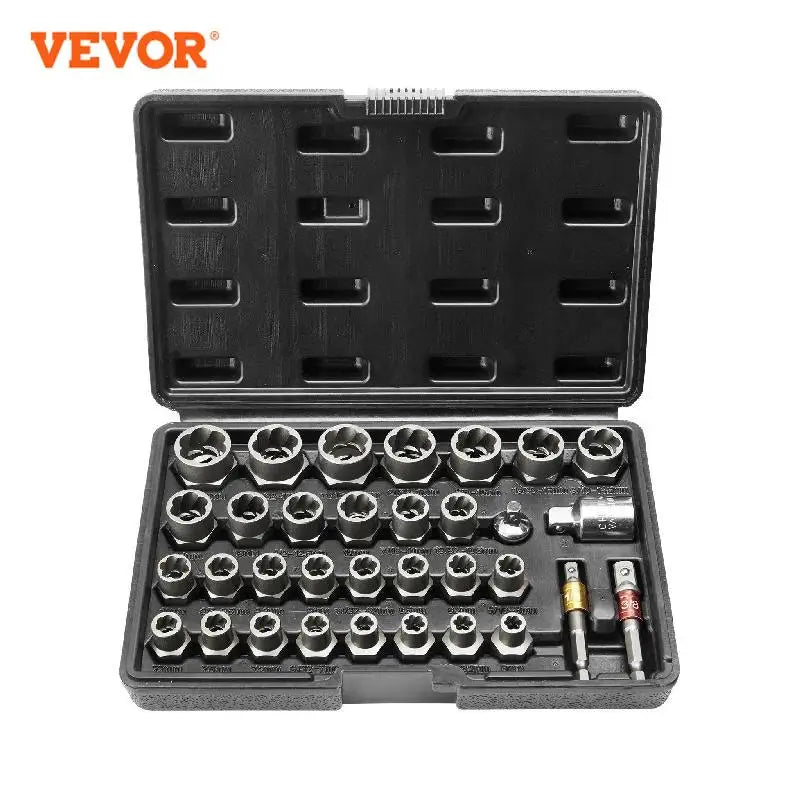 VEVOR 29PCs Bolt Extractor Set Bolt and Nut Remover Set 6mm to 10mm 13/32" to 3/4" CR-MO Steel Extraction Socket Set with Case