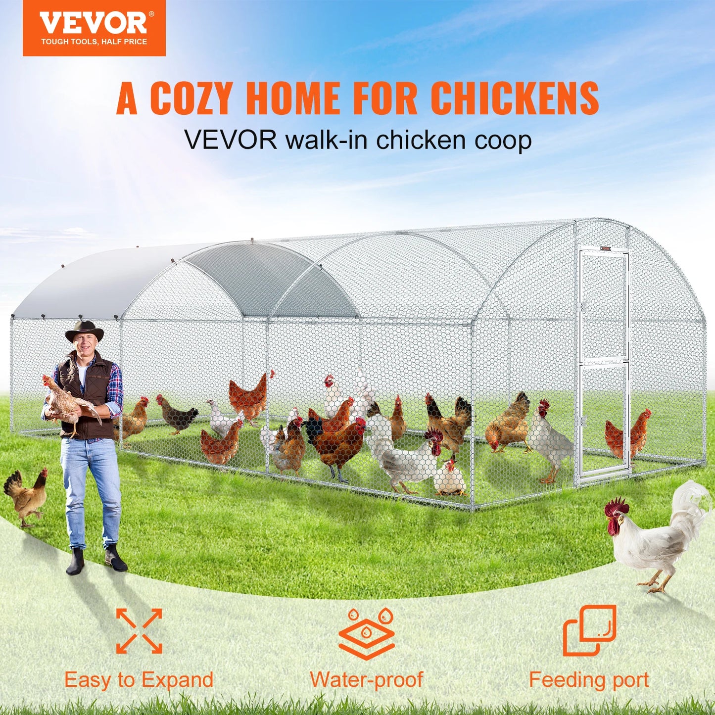 VEVOR Large Metal Chicken Coop Poultry Cage Duck Rabbit Walkin Dome Roof with Waterproof Cover for Farm Pet Yard Hen House