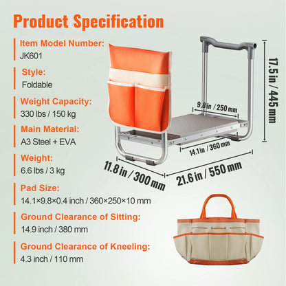 VEVOR Garden Kneeler and Seat Foldable Garden Stool Kneeling Bench for Gardening with Tool Bag Gifts for Grandparents Seniors