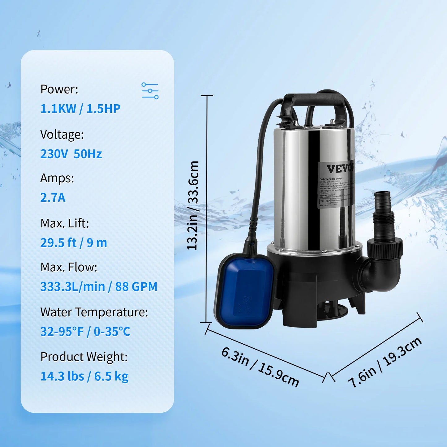 VEVOR Sewage Pump Submersible Sump Pump Clean Water Pump 550W - 2200W for Pumping Water from Swimming Pools, Basements, Hot Tubs