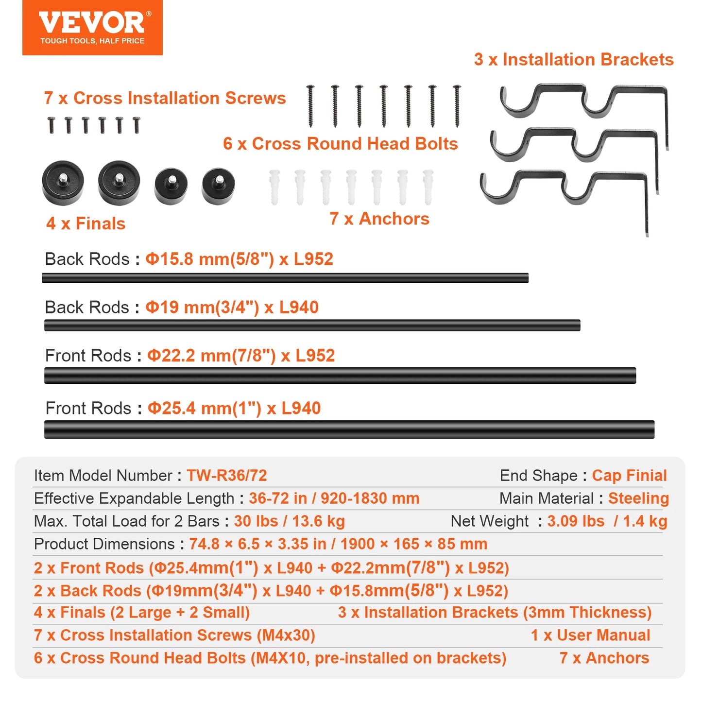 VEVOR 1 Inch Double Curtain Rods 36-72/74-144 Inches Drapery Rods for Windows 24-68/69-140 Inches Telescoping Dual Curtain Rod