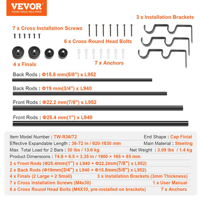 VEVOR 1 Inch Double Curtain Rods 36-72/74-144 Inches Drapery Rods for Windows 24-68/69-140 Inches Telescoping Dual Curtain Rod