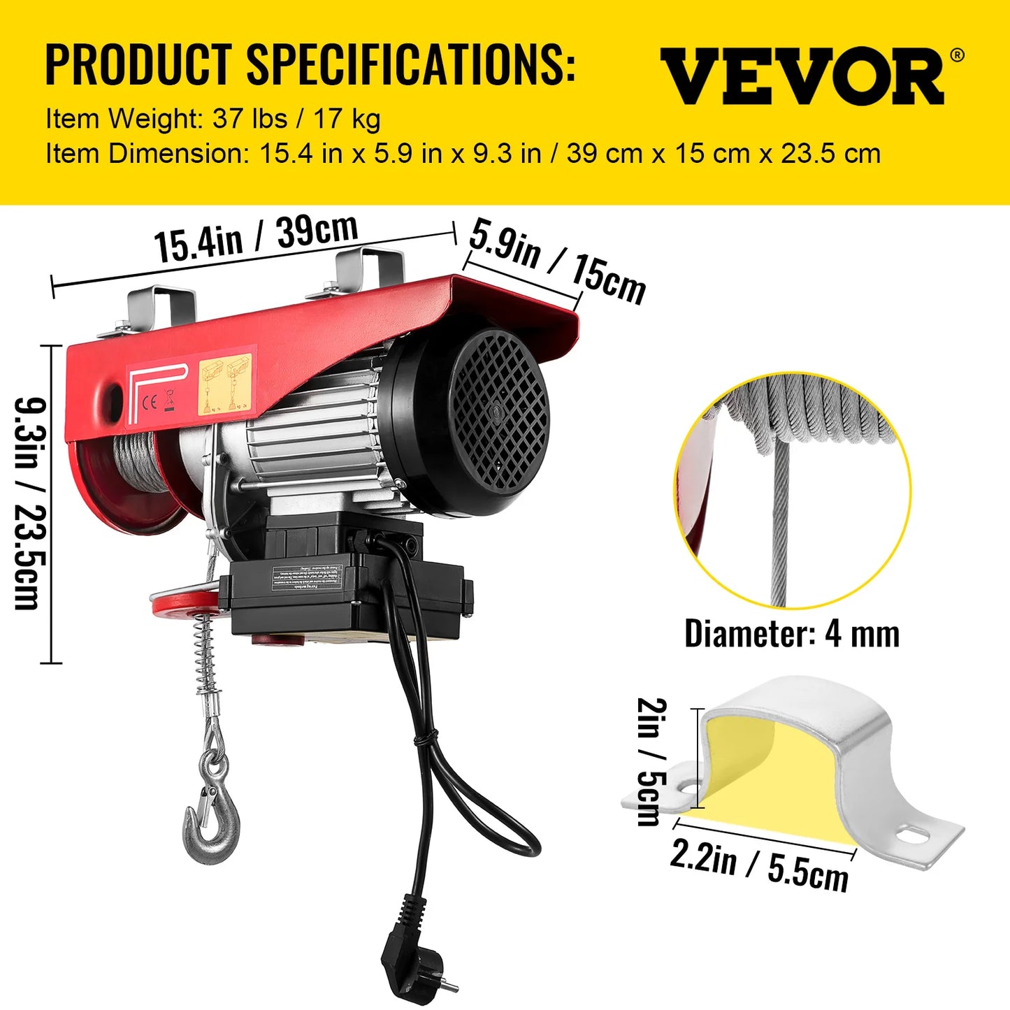 VEVOR 440/880/1320lbs Electric Hoist Winch with Wireless Remote Control Emergency Stop Switch Steel Wire Electric Cable Crane