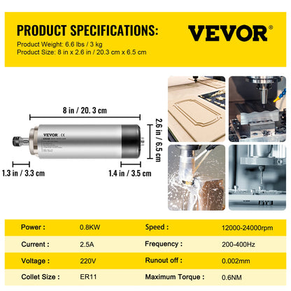 VEVOR Air Cooled Spindle Motor 0.8KW/1.5KW/2.2KW/3KW/ 4KW ER11/ER20/ER25 Collect for CNC Router Engraving Milling Machine Use