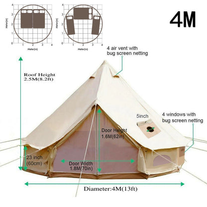 VEVOR Camping Tent 3-7m Waterproof Cotton Canvas Bell Tent Outdoor 4 Seasons Family Party Picnic Yurt W/ Stove Hole4-12 Person